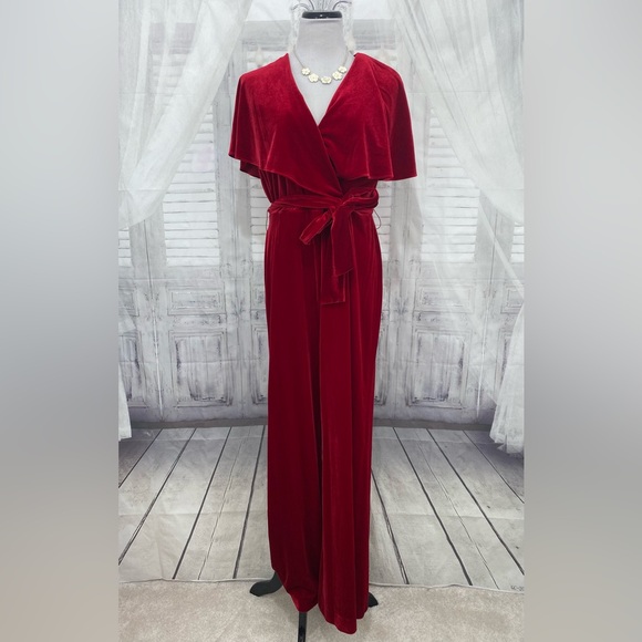 Alex Marie Pants - NEW Alex Marie Beth Velvet Jumpsuit Crimson Red Cape Sleeve V Neck Belted Formal